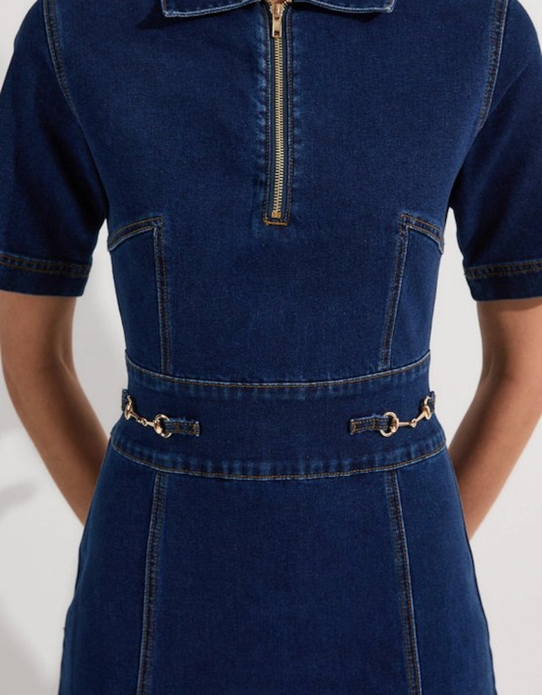 Stretch Denim Snaffle Trim Collared Midi Dress