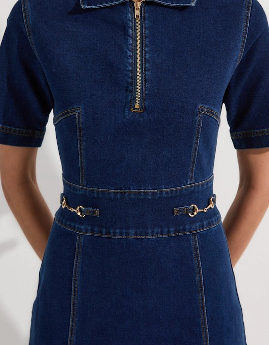 Stretch Denim Snaffle Trim Collared Midi Dress