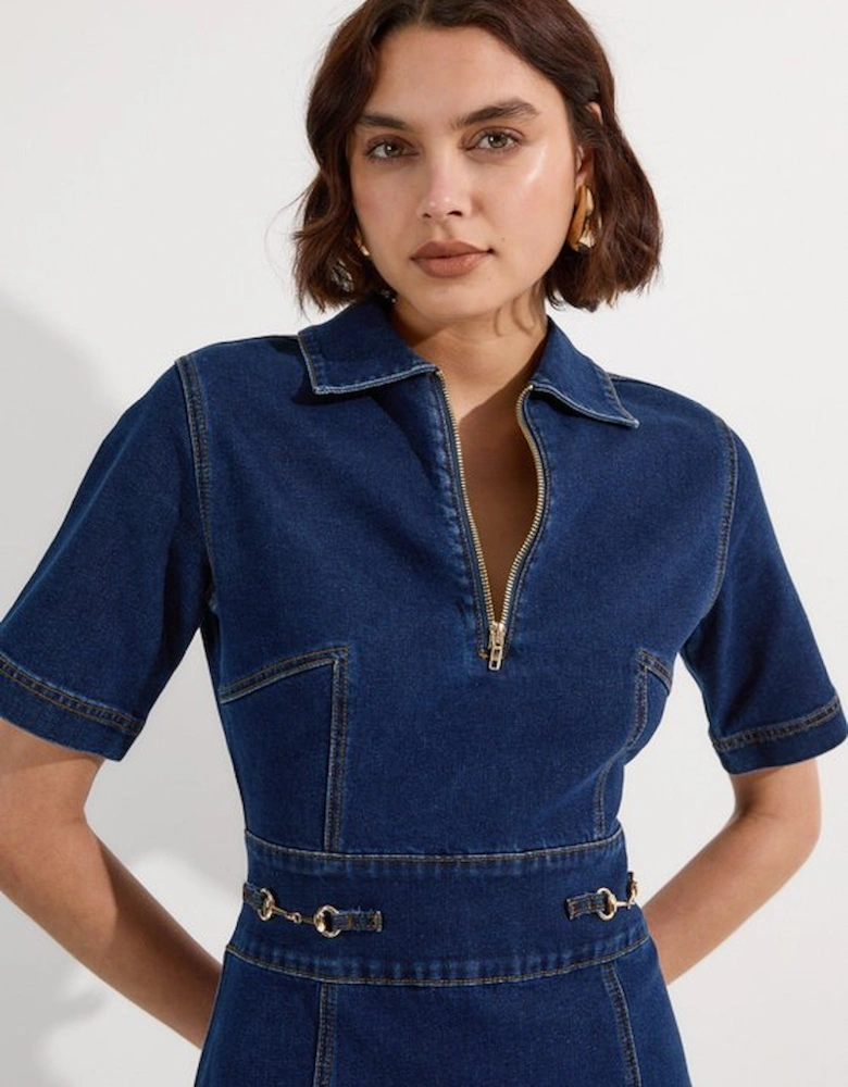Stretch Denim Snaffle Trim Collared Midi Dress