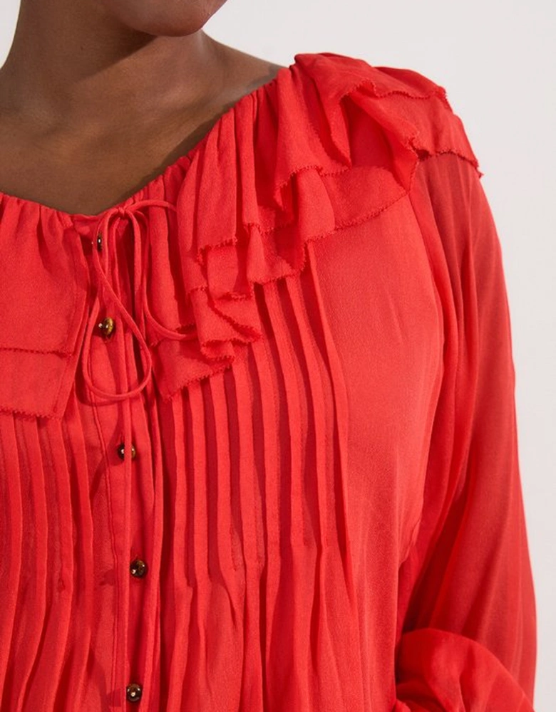 Plus Size Crinkle Viscose Georgette Pin Tuck Detail Ruffle Woven Blouse
