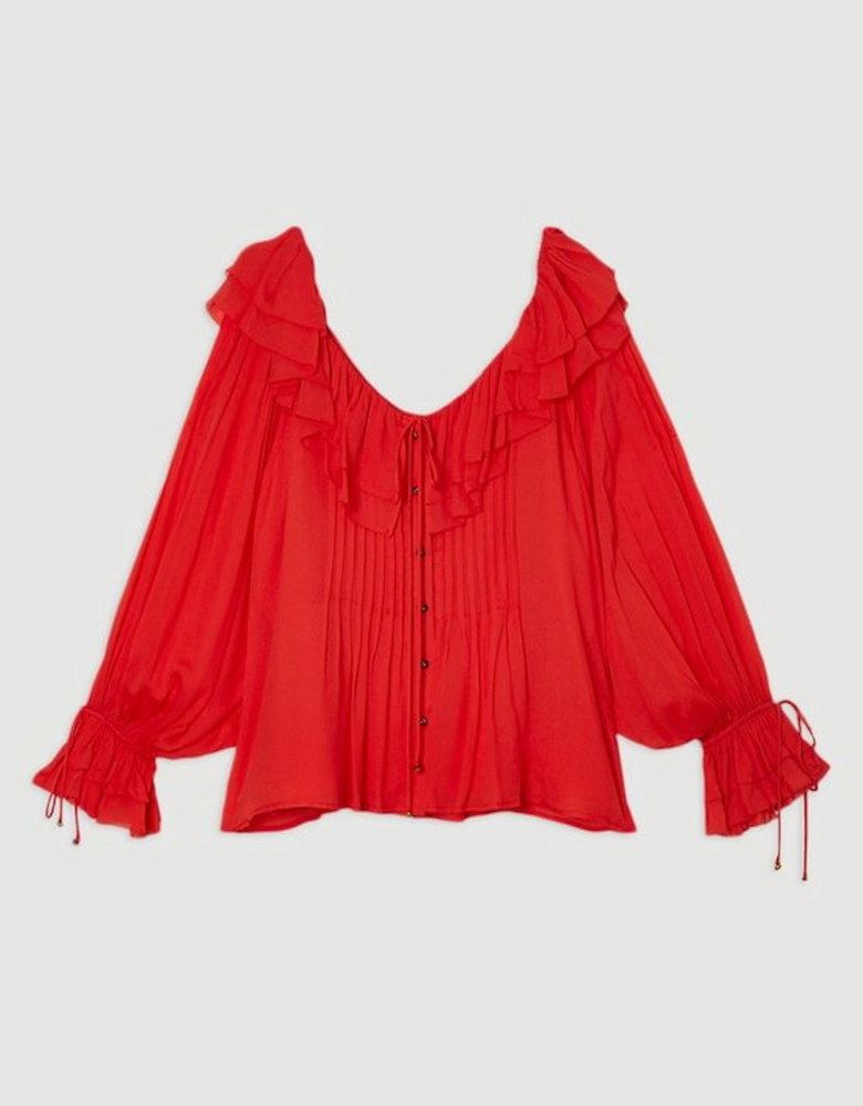 Plus Size Crinkle Viscose Georgette Pin Tuck Detail Ruffle Woven Blouse