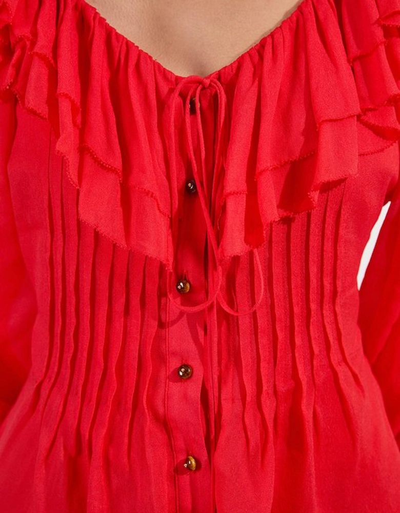 Crinkle Viscose Georgette Pin Tuck Detail Ruffle Woven Blouse