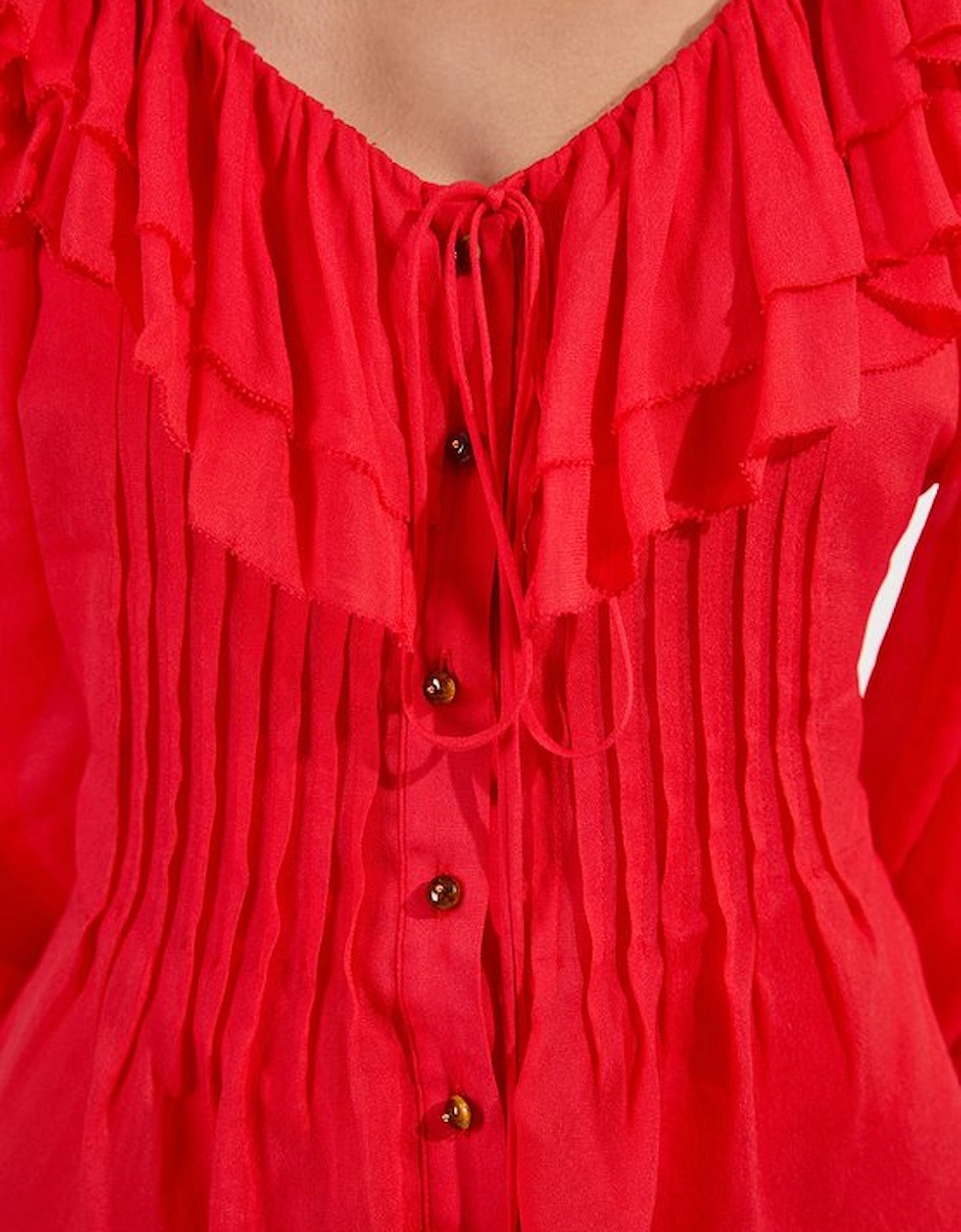 Crinkle Viscose Georgette Pin Tuck Detail Ruffle Woven Blouse