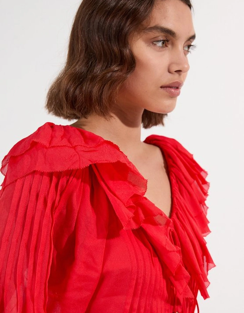 Crinkle Viscose Georgette Pin Tuck Detail Ruffle Woven Blouse