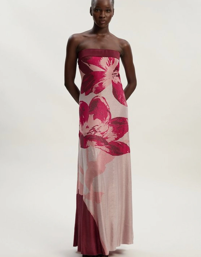 Placement Floral Jacquard Slinky Knit Bandeau Midi Dress
