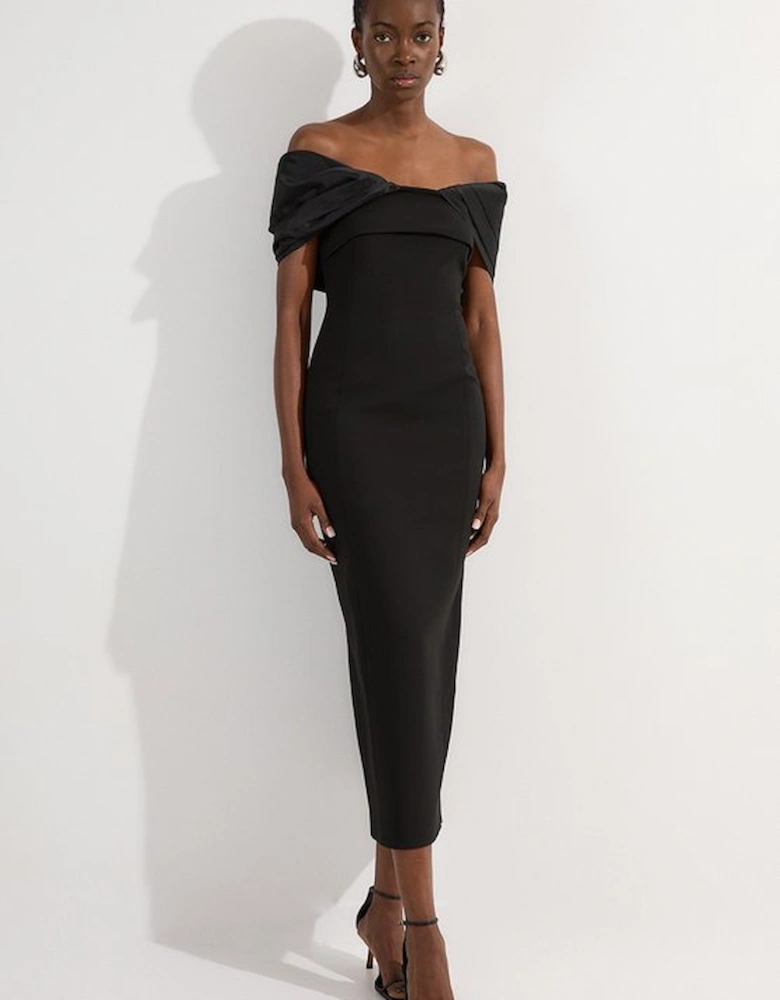 Compact Stretch Taffeta Mix Contrast Drama Sleeve Maxi Dress