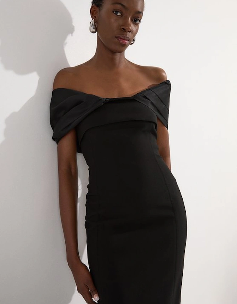 Compact Stretch Taffeta Mix Contrast Drama Sleeve Maxi Dress
