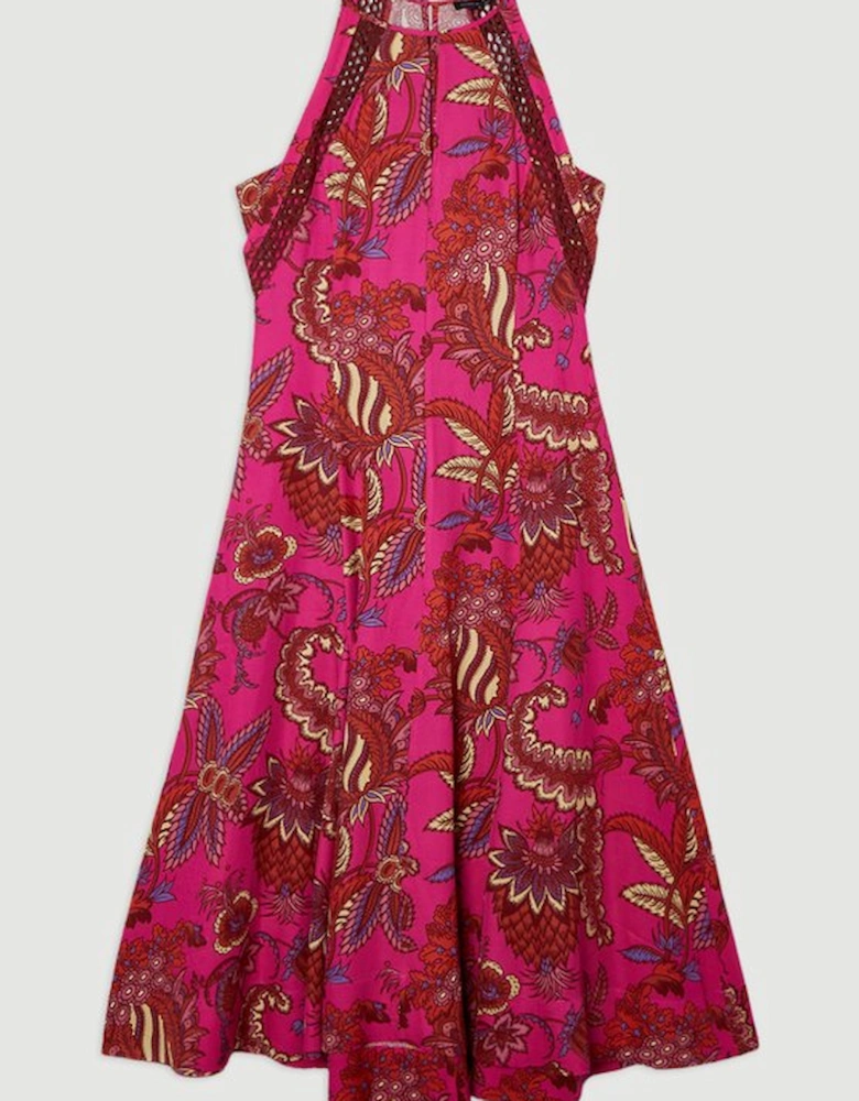 Viscose Floral Print Linen Lace Trim Insert Woven Halter Neck Maxi Dress
