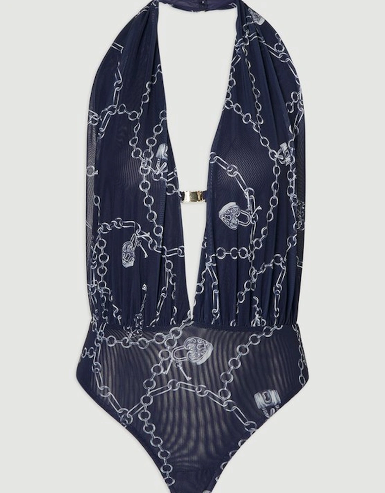 Chain Print Plunge Halter Neck Trim Detail Mesh Bodysuit