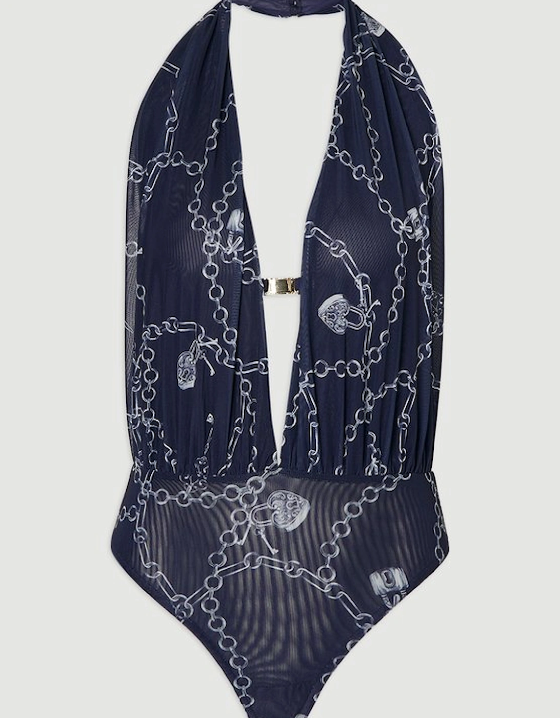 Chain Print Plunge Halter Neck Trim Detail Mesh Bodysuit
