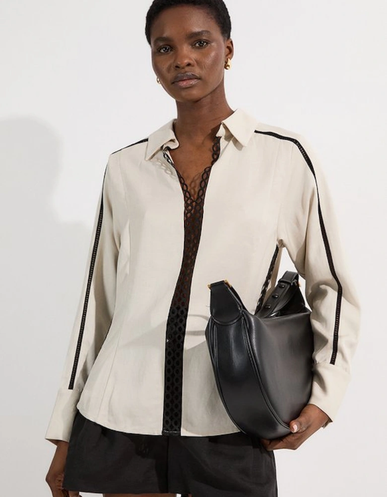 Viscose Linen Woven Blouse With Lace Trim