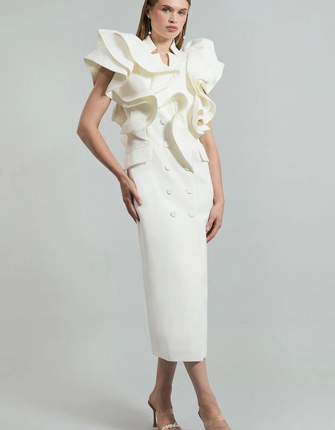 Drama Ruffle Tuxedo Tailored Pencil Maxi Dress, 5 of 4