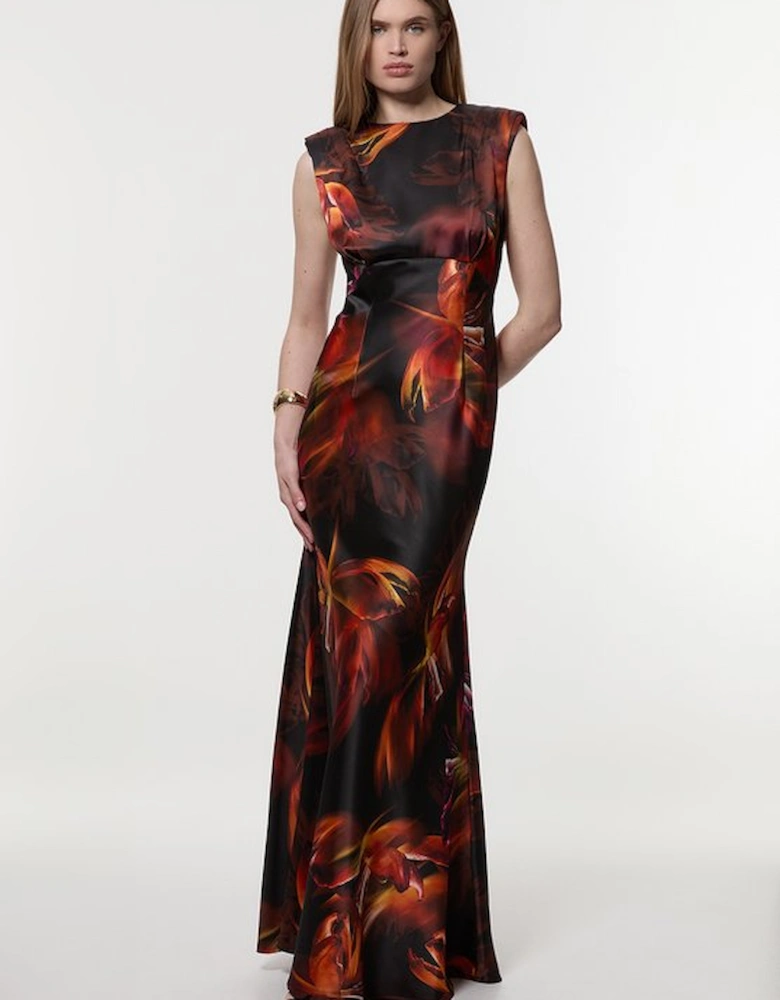 Satin Strong Shoulder Woven Maxi Dress