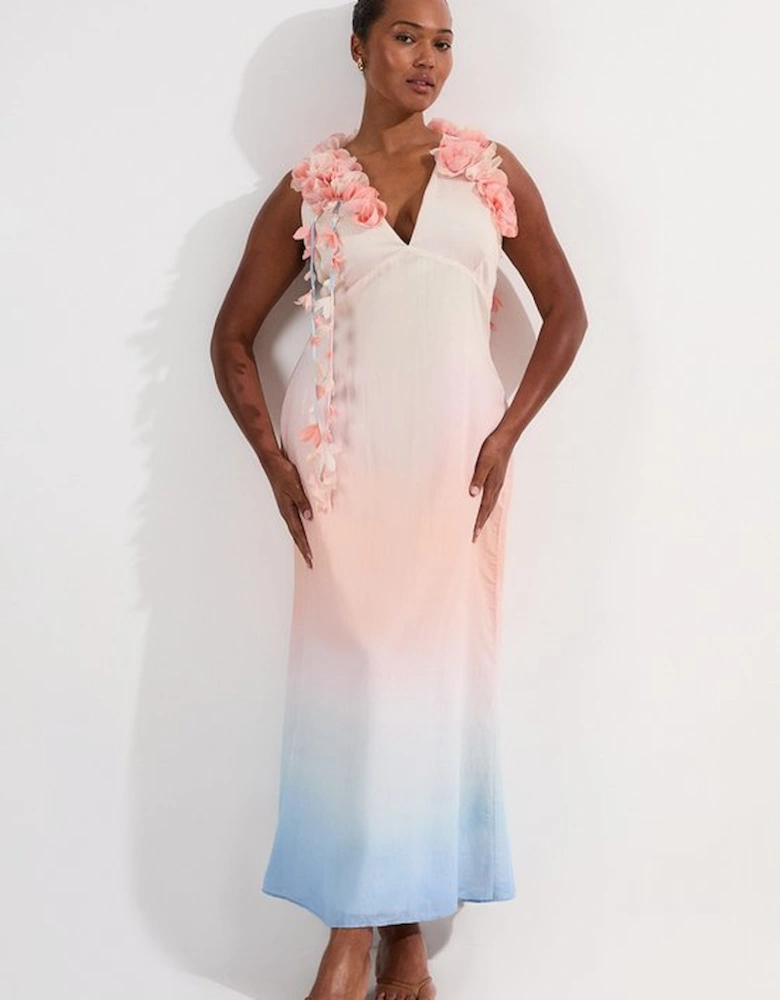Plus Size Ombre Applique Woven Halter Woven Maxi Dress