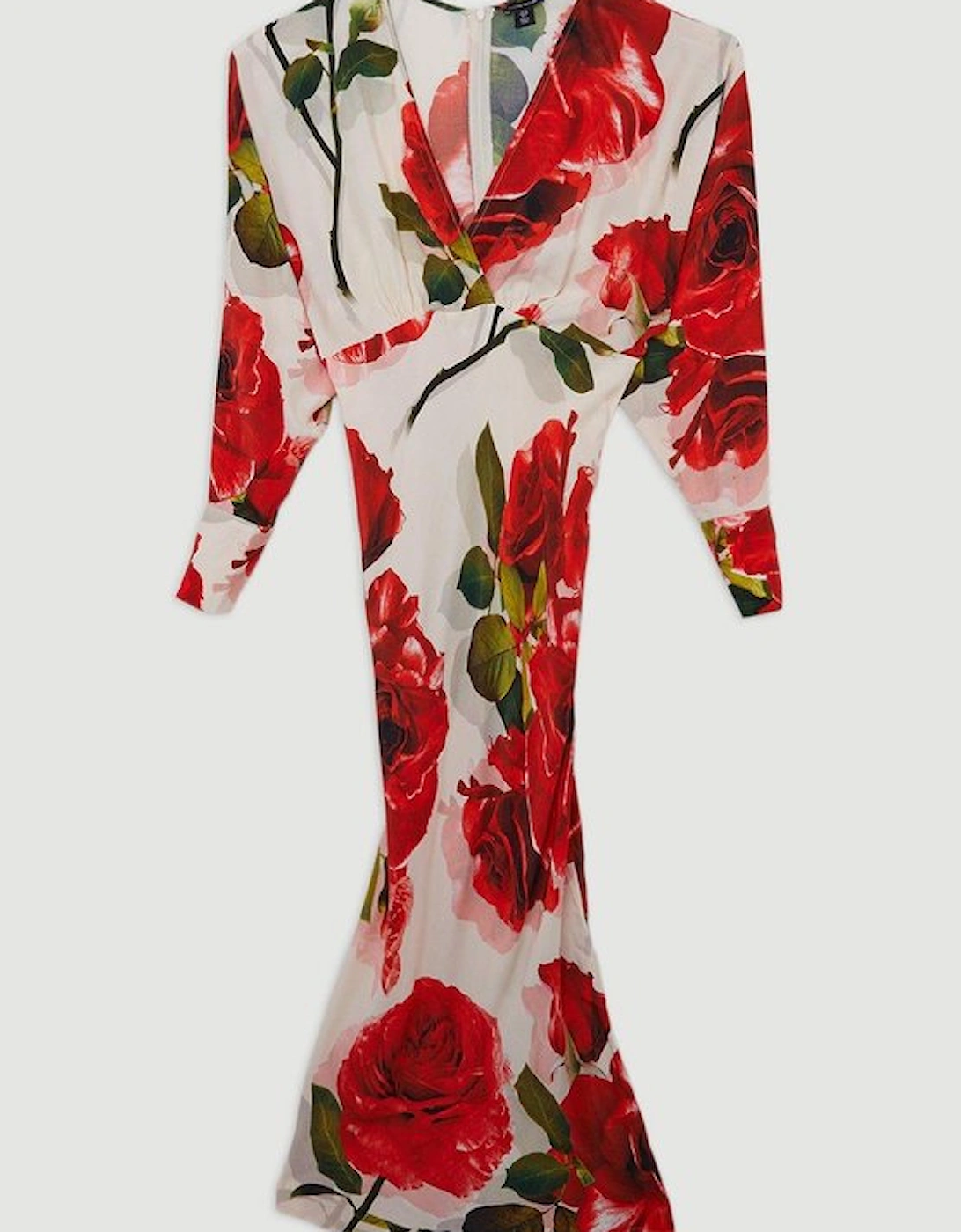 Rose Printed Morocain Woven V Neck Midaxi Dress