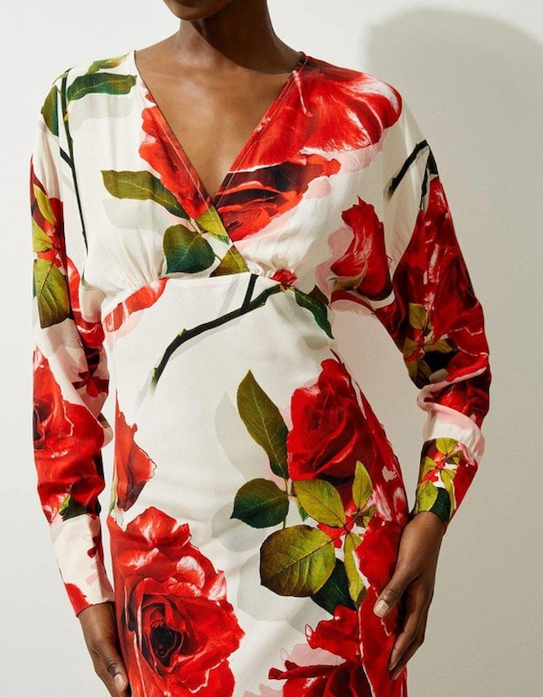 Rose Printed Morocain Woven V Neck Midaxi Dress