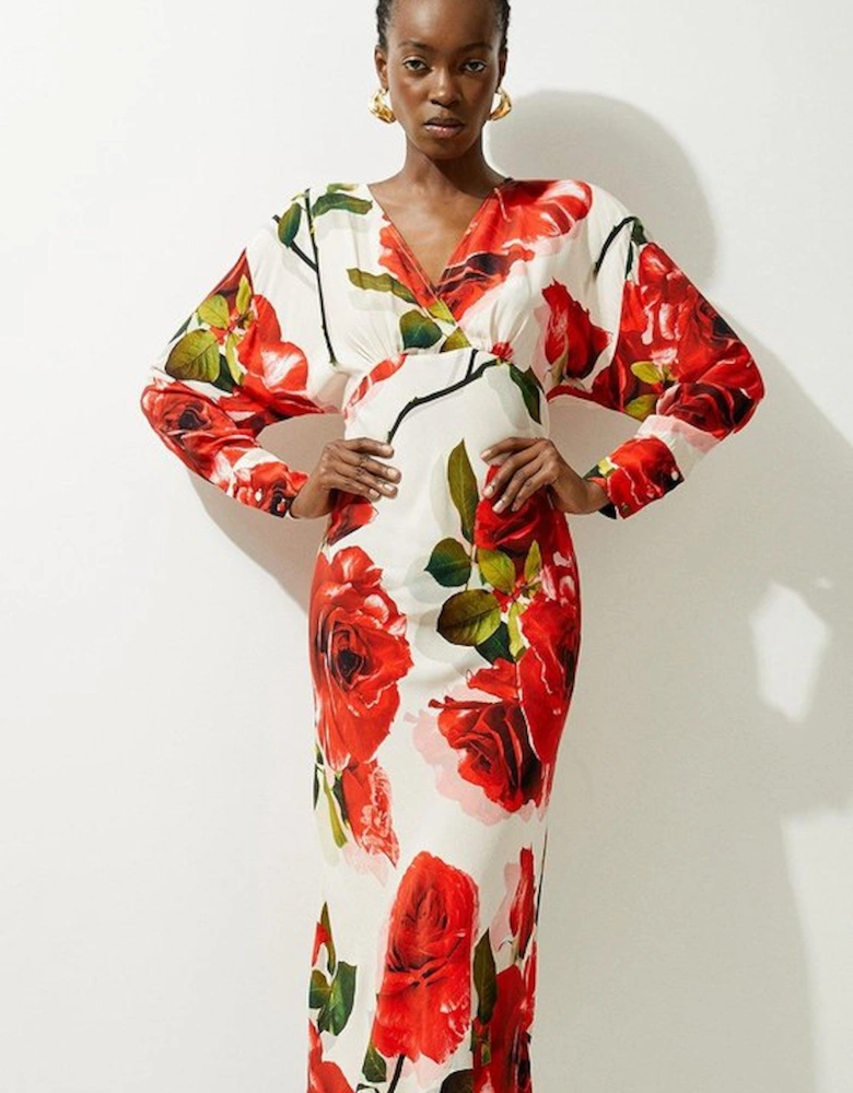 Rose Printed Morocain Woven V Neck Midaxi Dress