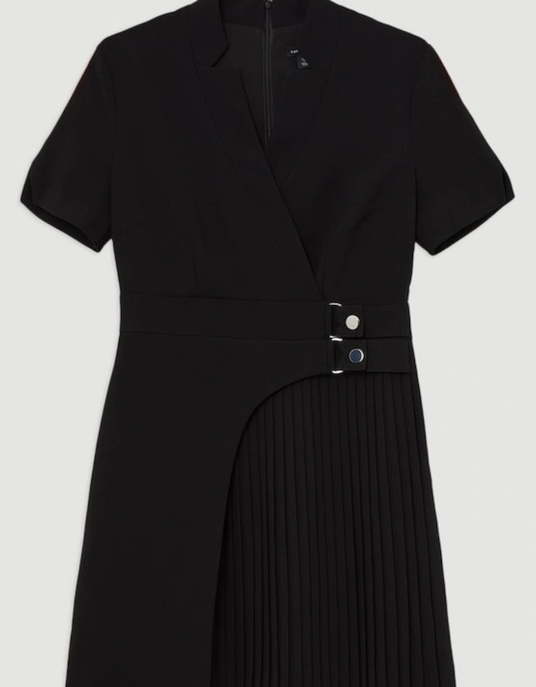 Tailored Crepe Military Pleat Notch Neck Wrap Mini Dress