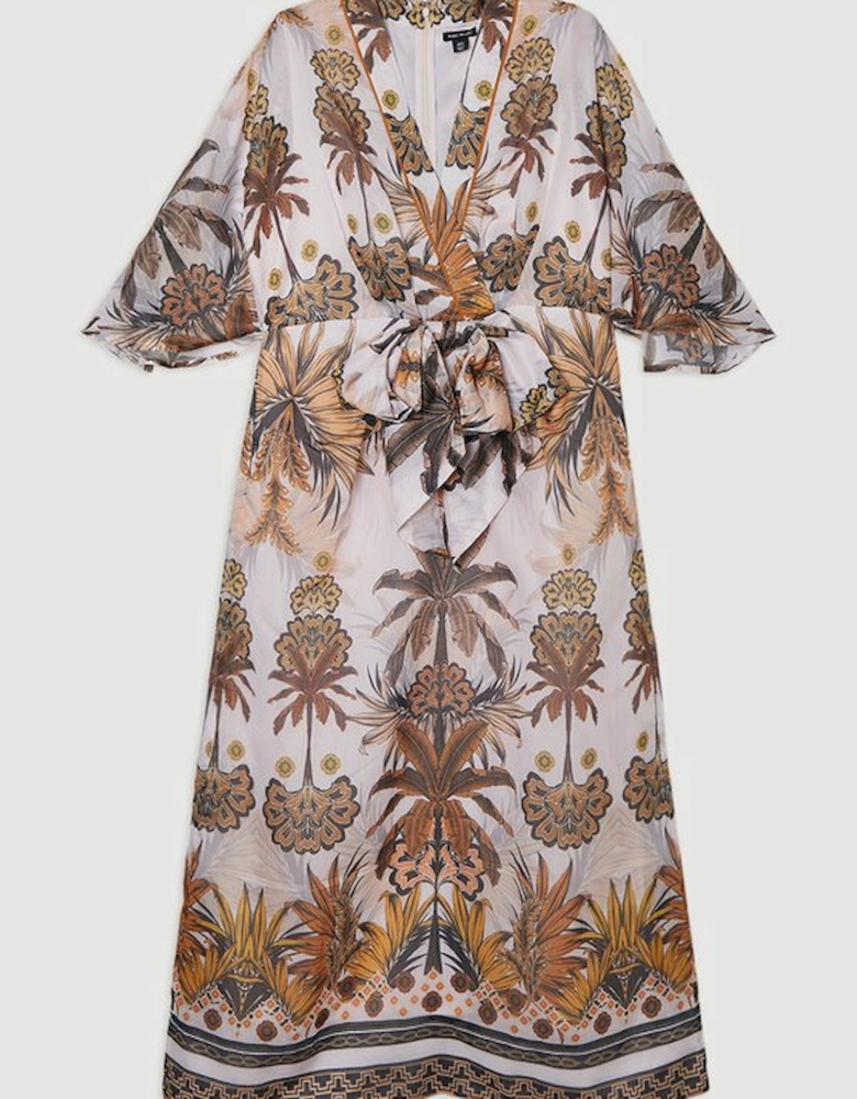 Plus Size Abstract Print Cotton Kimono Sleeve Woven Maxi Dress