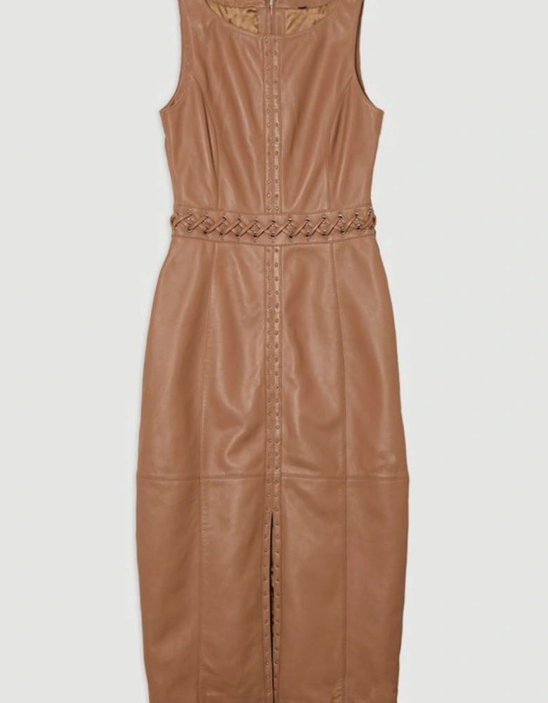 Leather Eyelet And Lace Trim Detail Sleeveless Midi Pencil Dress