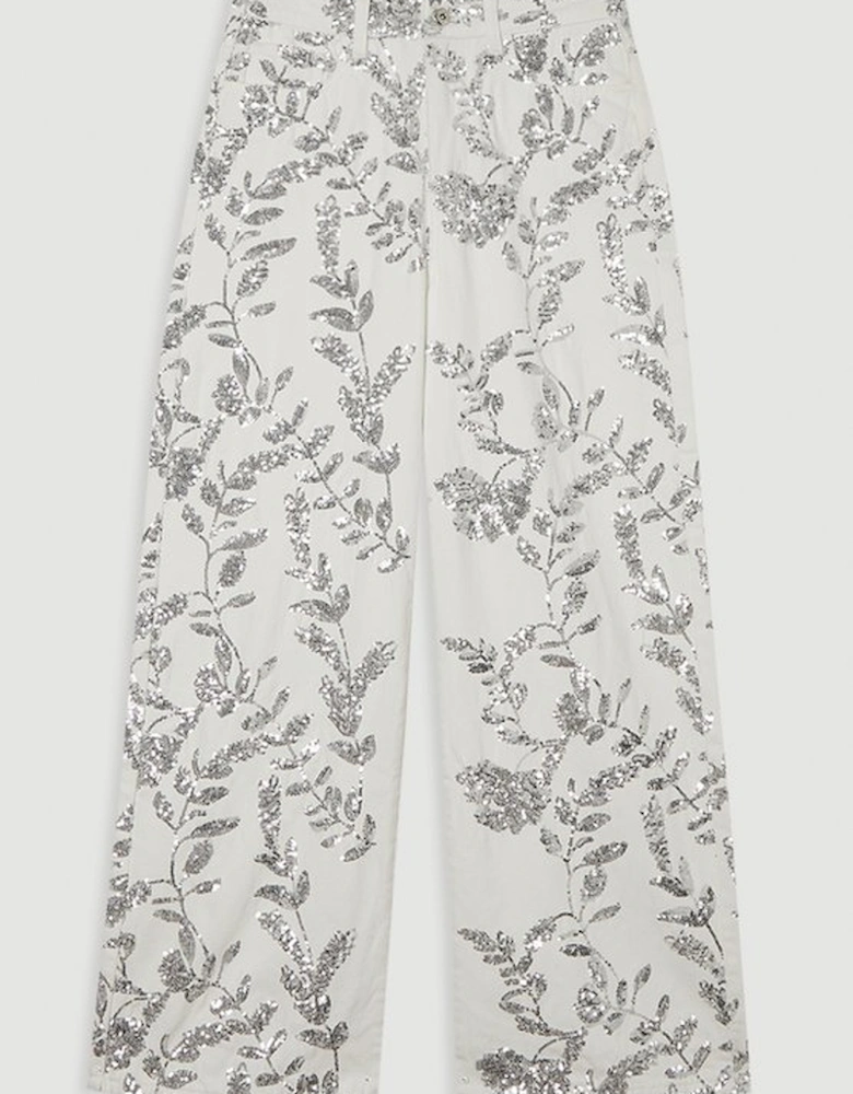 Denim All Over Floral Sequin Wide Leg Trousers