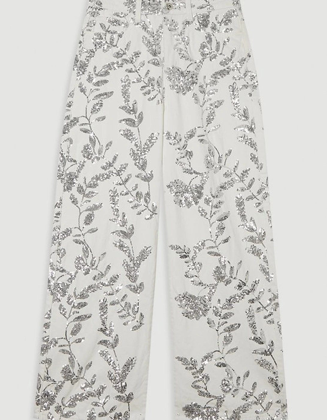 Denim All Over Floral Sequin Wide Leg Trousers