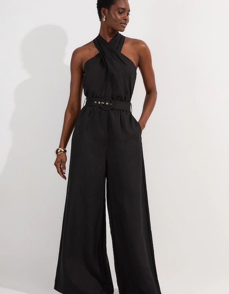 Linen Viscose Cross Front Woven Belted Jumpsuit
