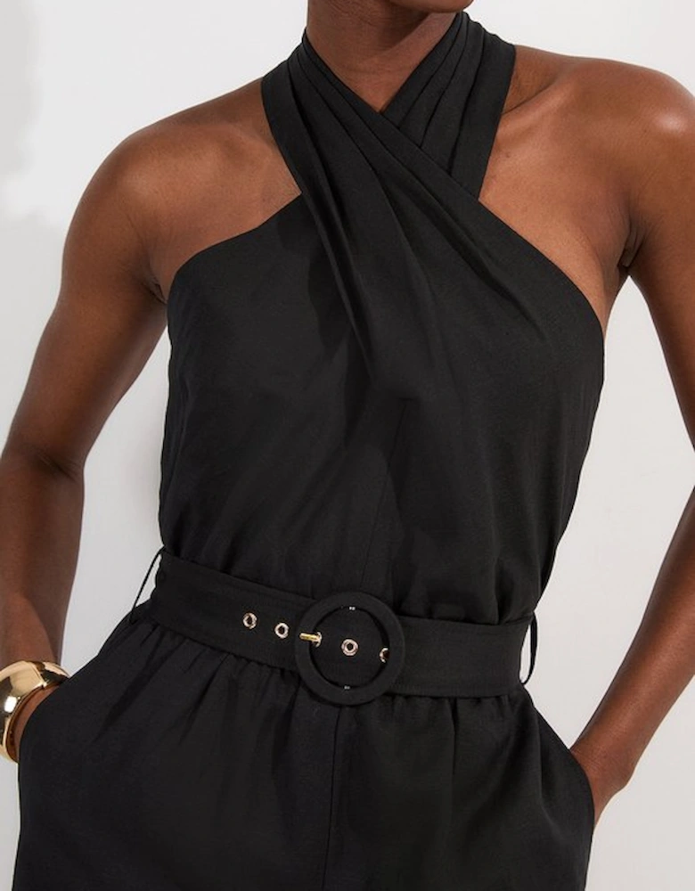 Linen Viscose Cross Front Woven Belted Jumpsuit