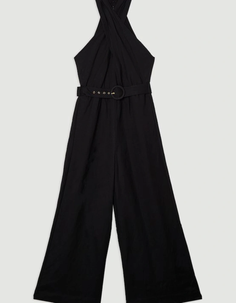 Linen Viscose Cross Front Woven Belted Jumpsuit