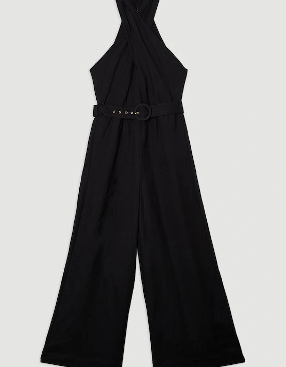 Linen Viscose Cross Front Woven Belted Jumpsuit