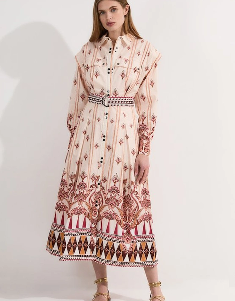 Placed Print Cotton Sateen Shirt Dress