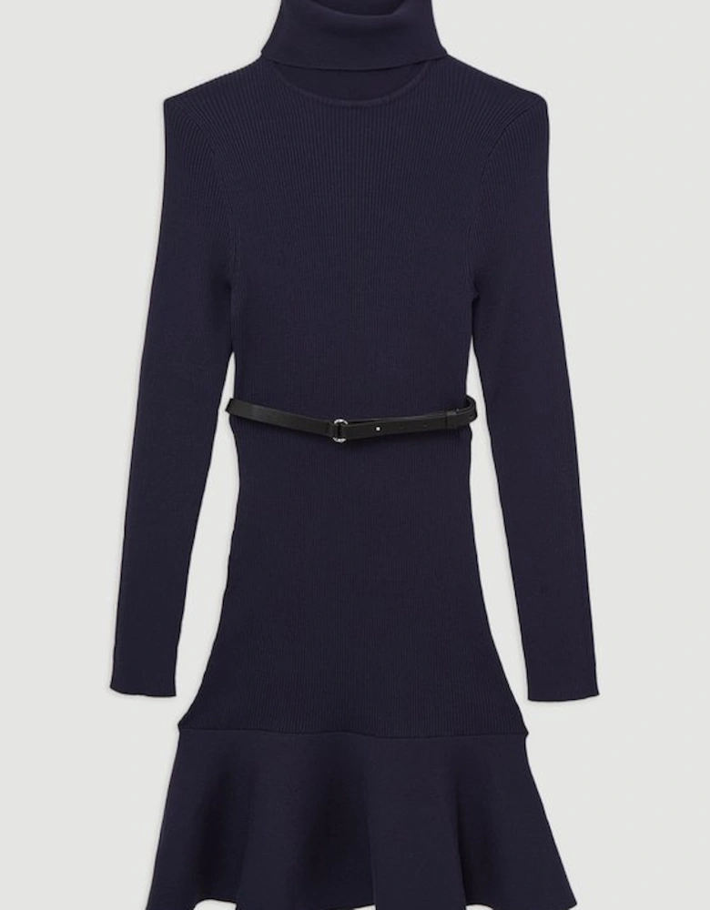 Viscose Blend Knit Roll Neck Belted Flippy Hem Mini Dress