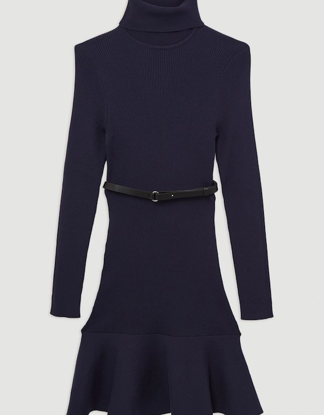 Viscose Blend Knit Roll Neck Belted Flippy Hem Mini Dress