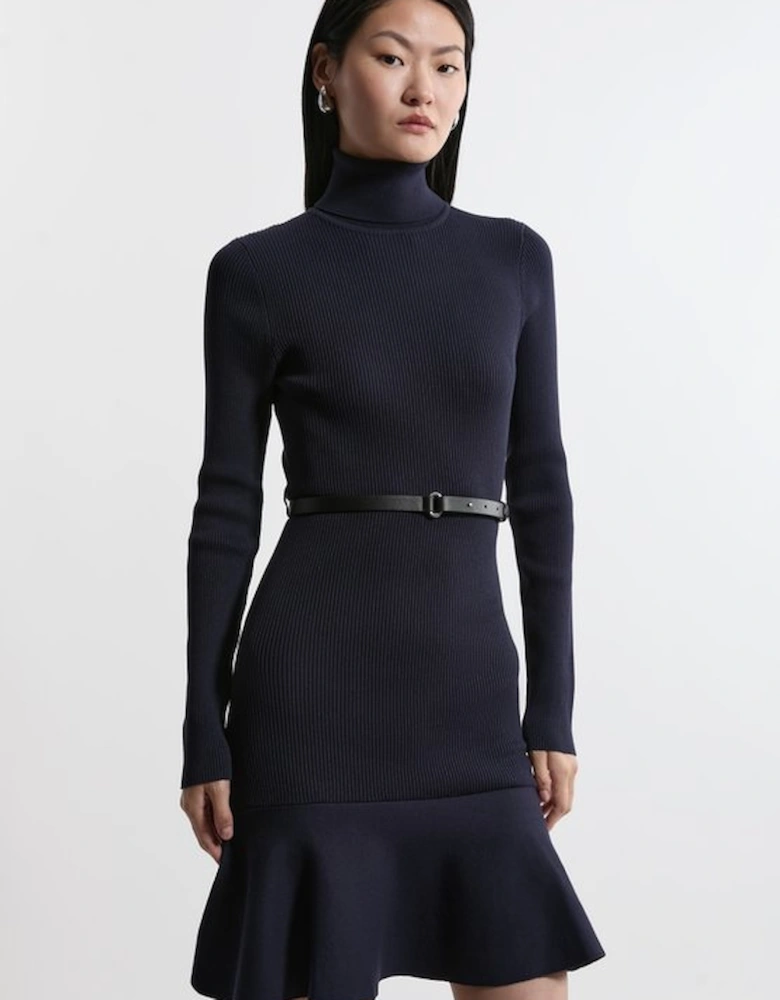 Viscose Blend Knit Roll Neck Belted Flippy Hem Mini Dress