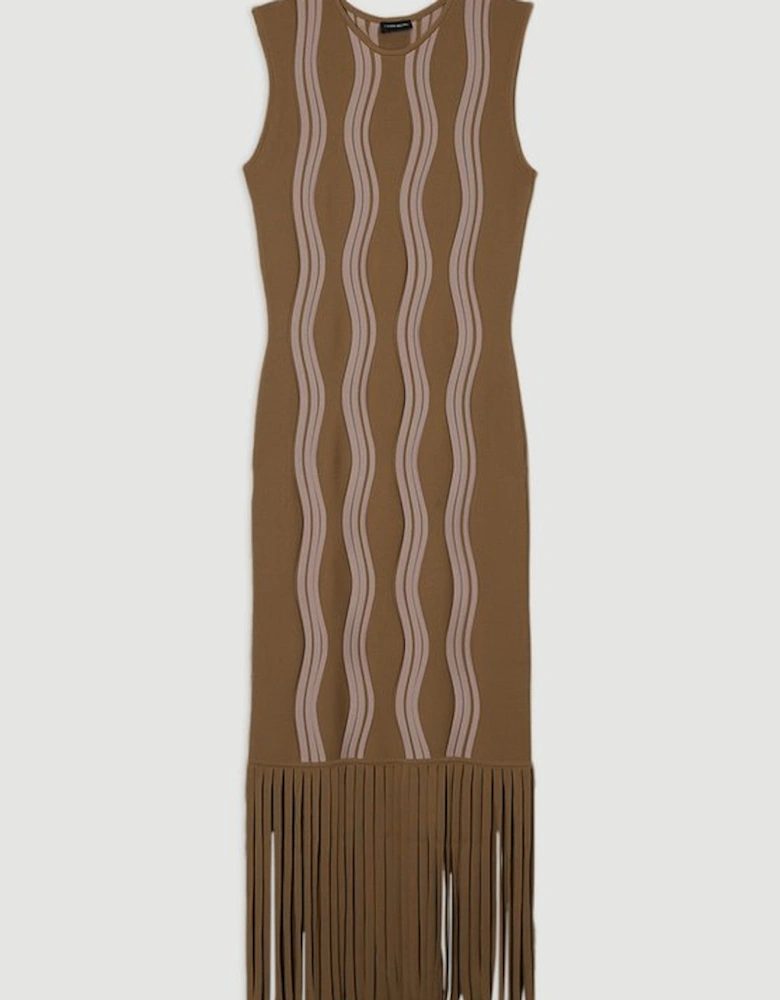 Contrast Wave Knit Dress With Fringing