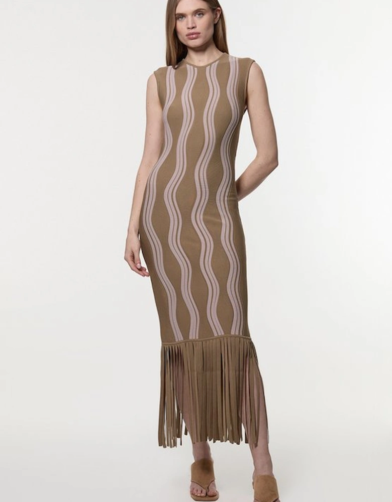 Contrast Wave Knit Dress With Fringing