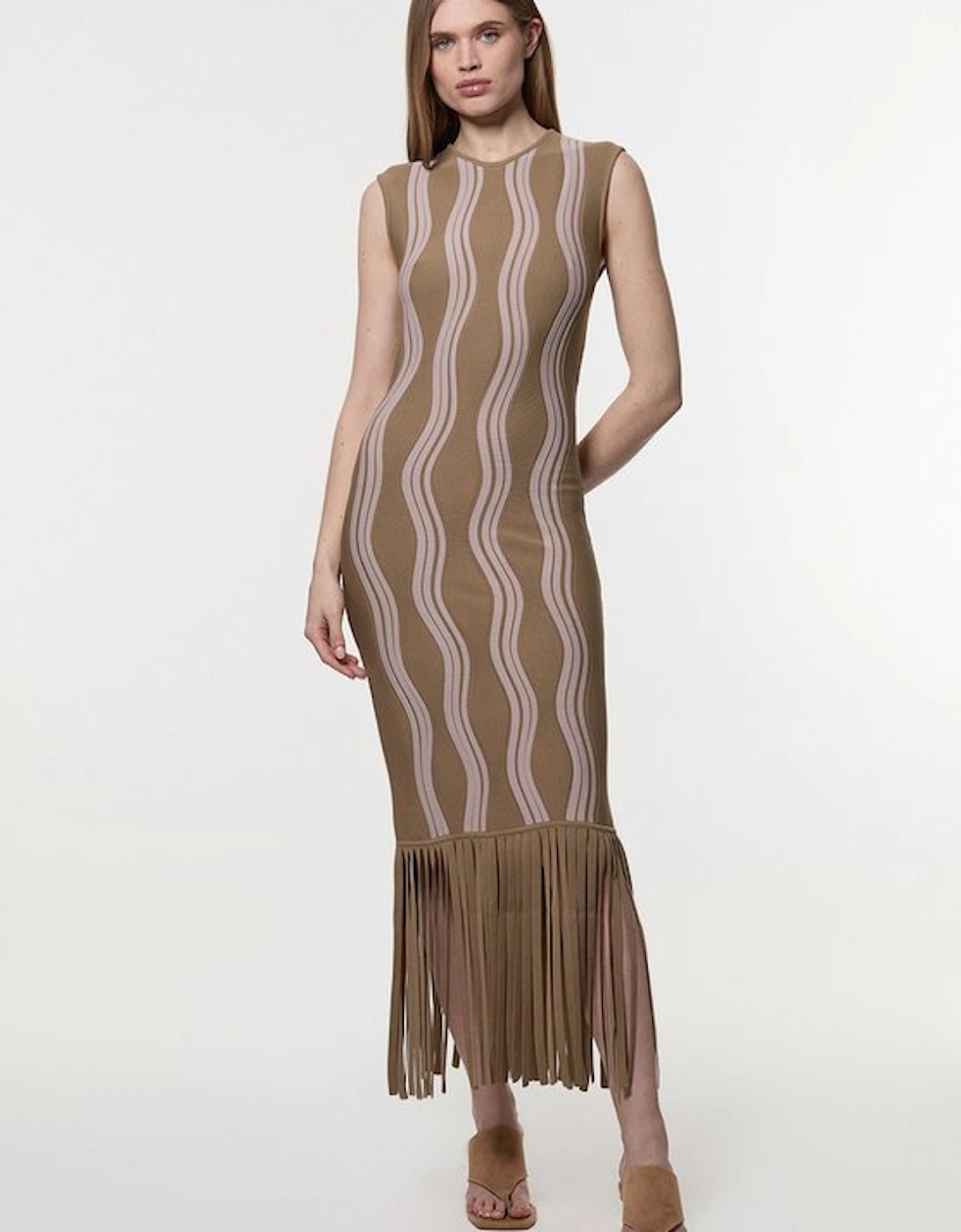 Contrast Wave Knit Dress With Fringing