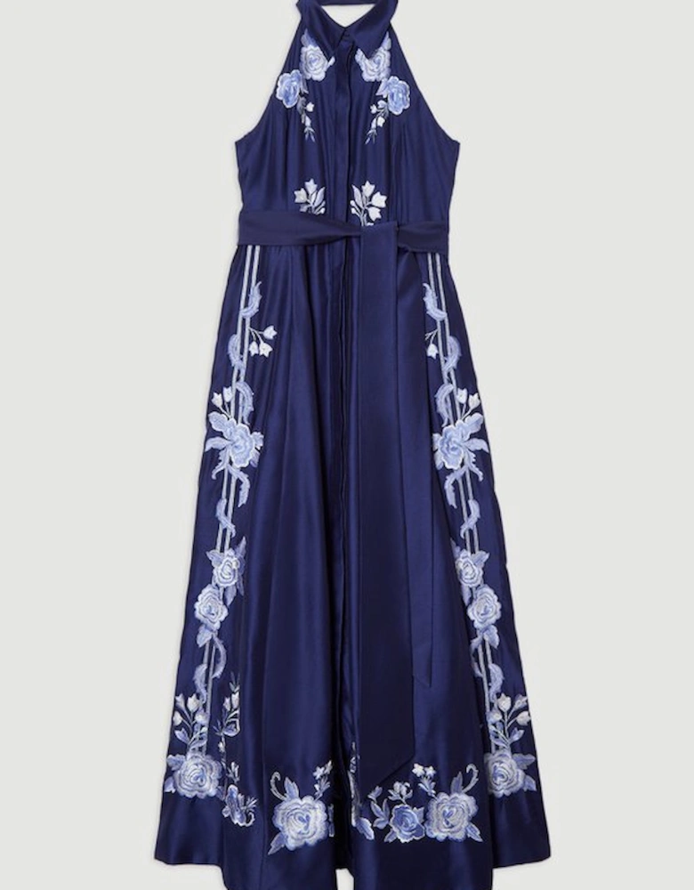 Rose Embroidered Voile Midi Halter Dress