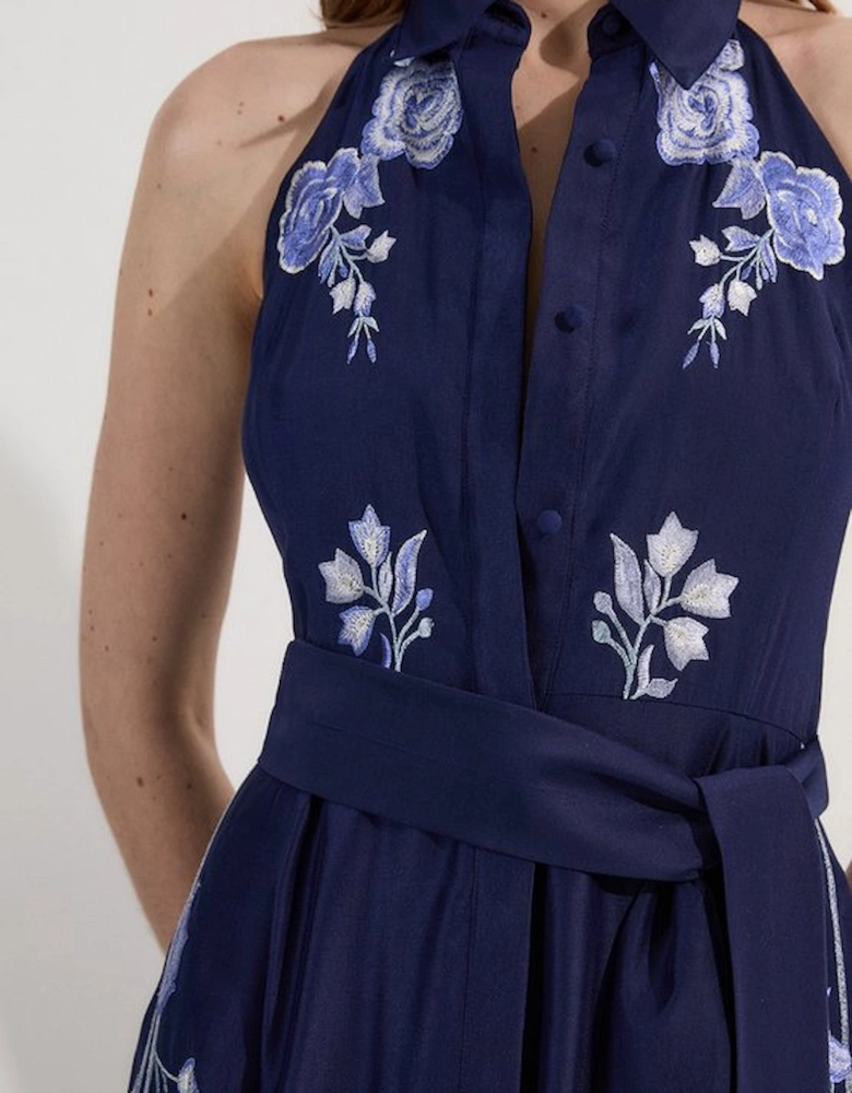 Rose Embroidered Voile Midi Halter Dress