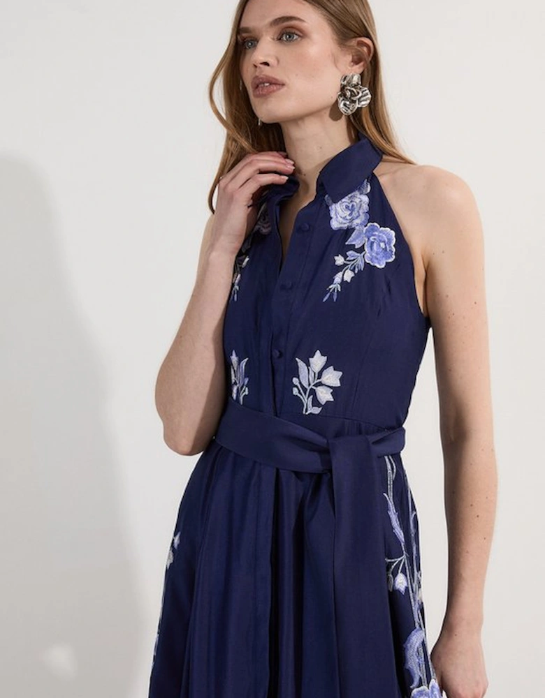 Rose Embroidered Voile Midi Halter Dress