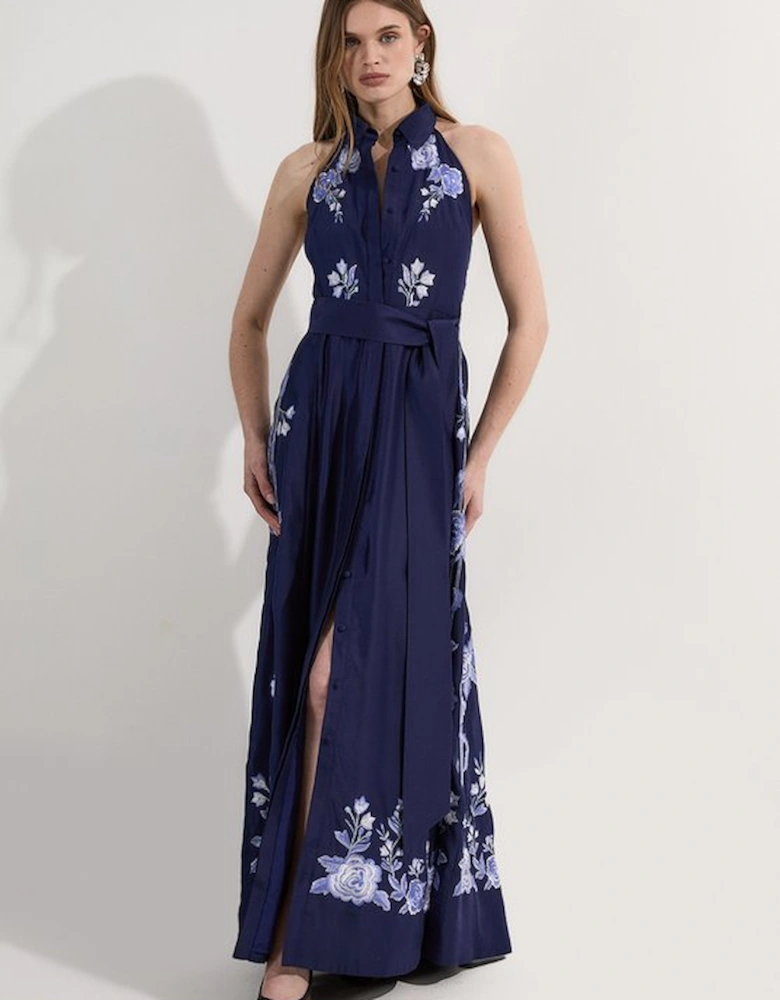 Rose Embroidered Voile Midi Halter Dress