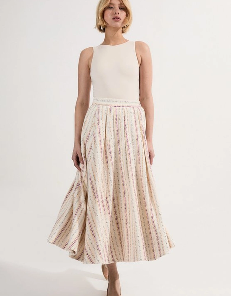 Premium Woven Stripe Tailored Pleated Midi Skirt