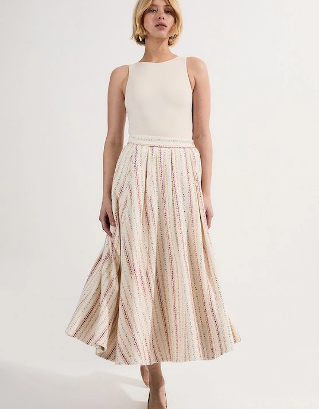 Premium Woven Stripe Tailored Pleated Midi Skirt, 5 of 4
