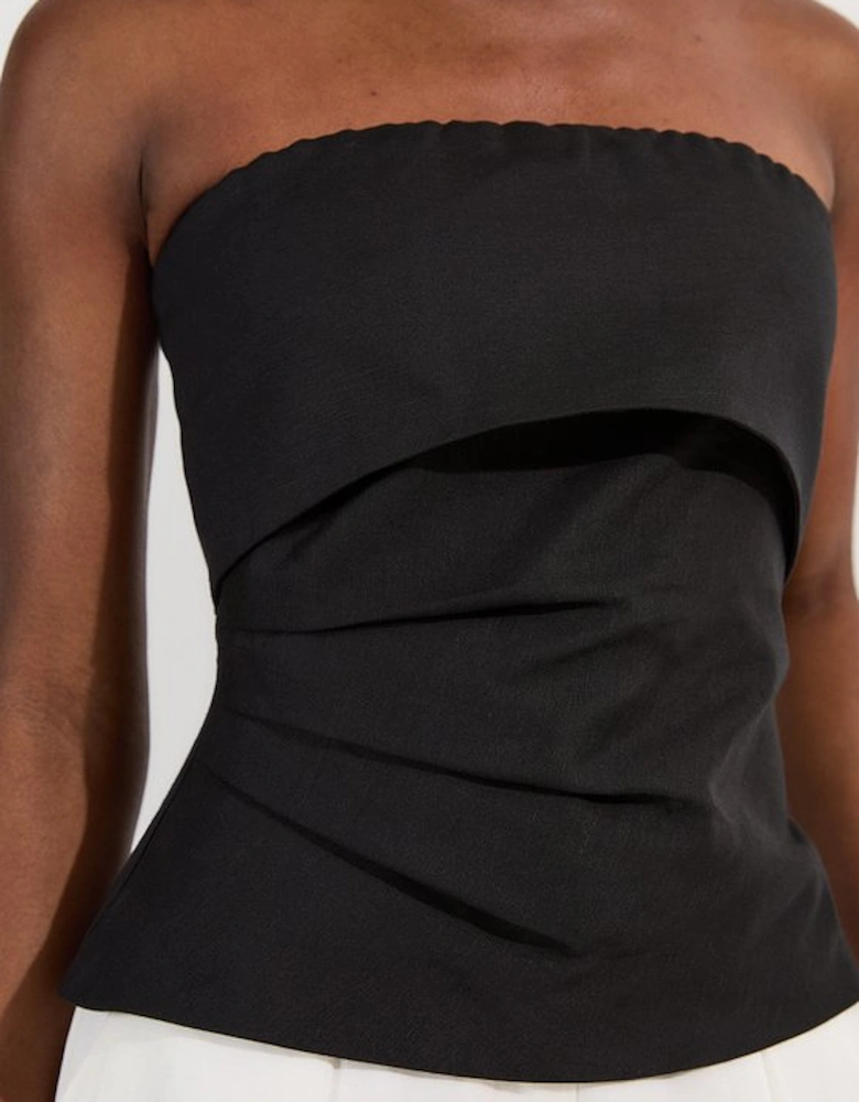 Linen Viscose Woven Bandeau Top With Ruched Side Detail
