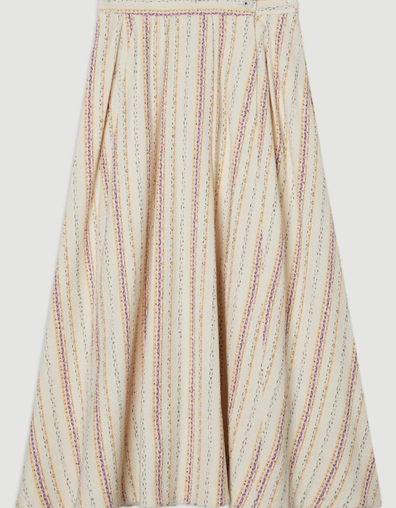 Premium Woven Stripe Tailored Pleated Midi Skirt