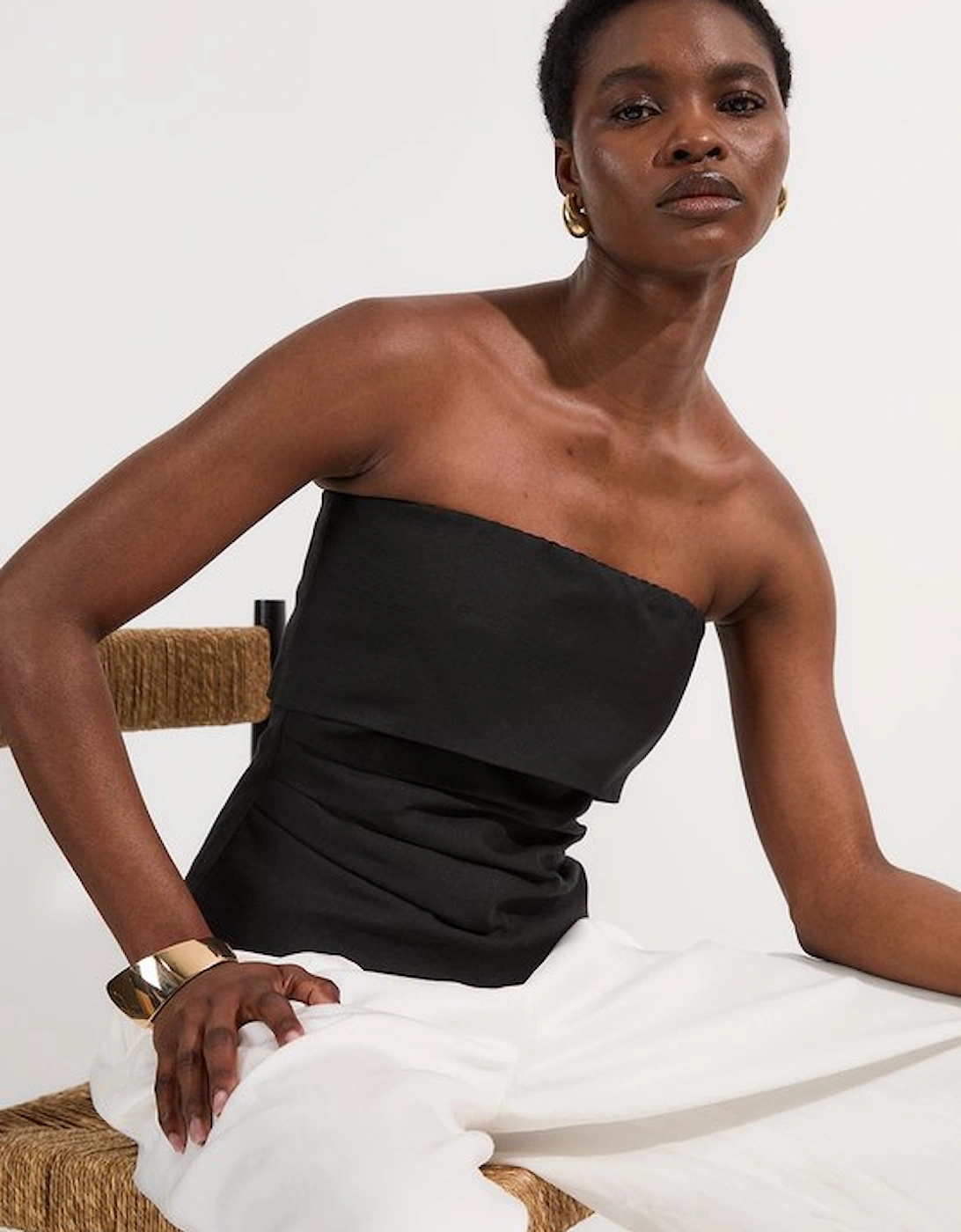 Linen Viscose Woven Bandeau Top With Ruched Side Detail