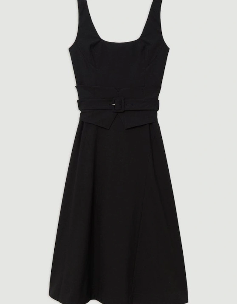 Tailored Full Skirted Panel Belted Midi Dress