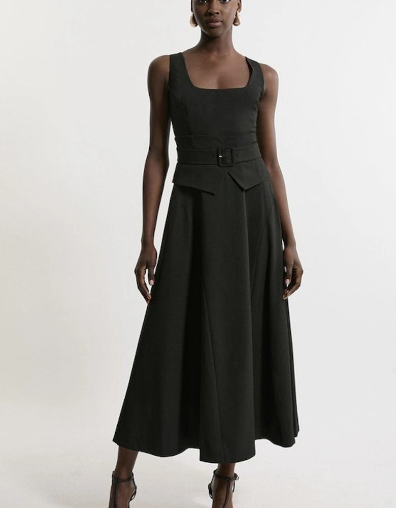 Tailored Full Skirted Panel Belted Midi Dress