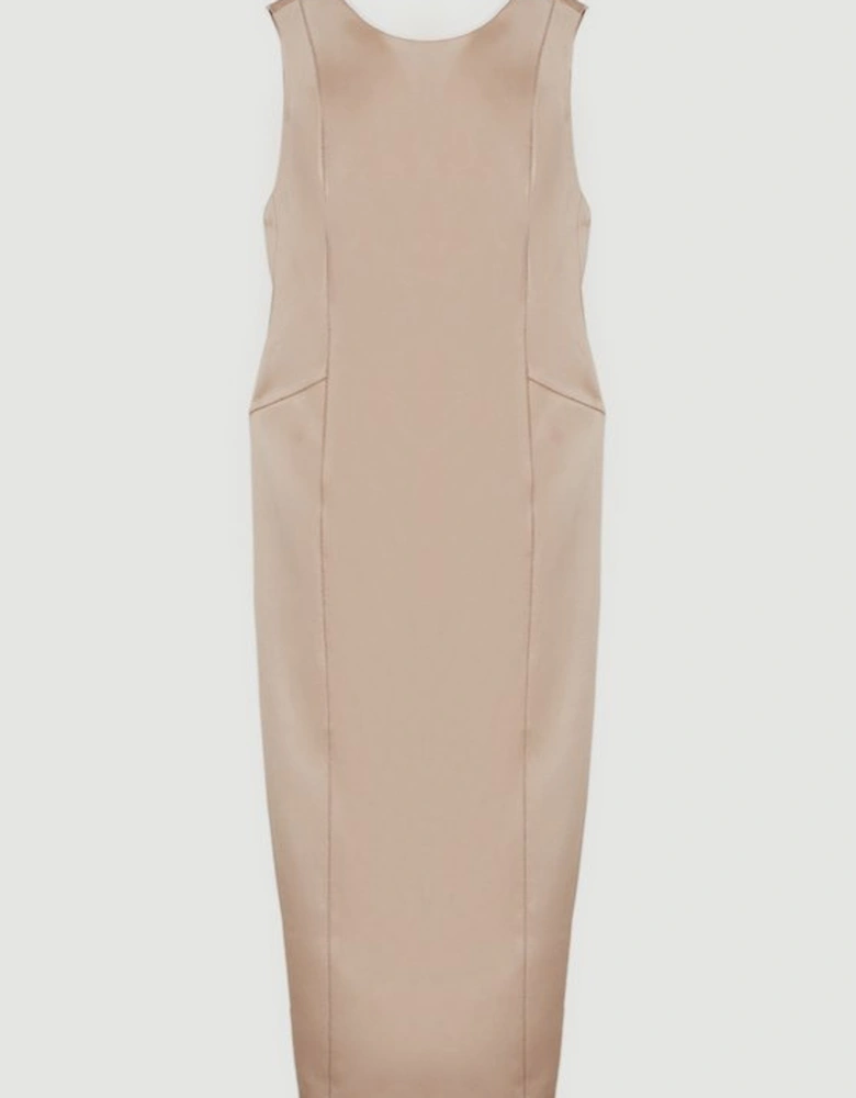 Structured Viscose Satin Stitch Detail Tailored Pencil Maxi Dress