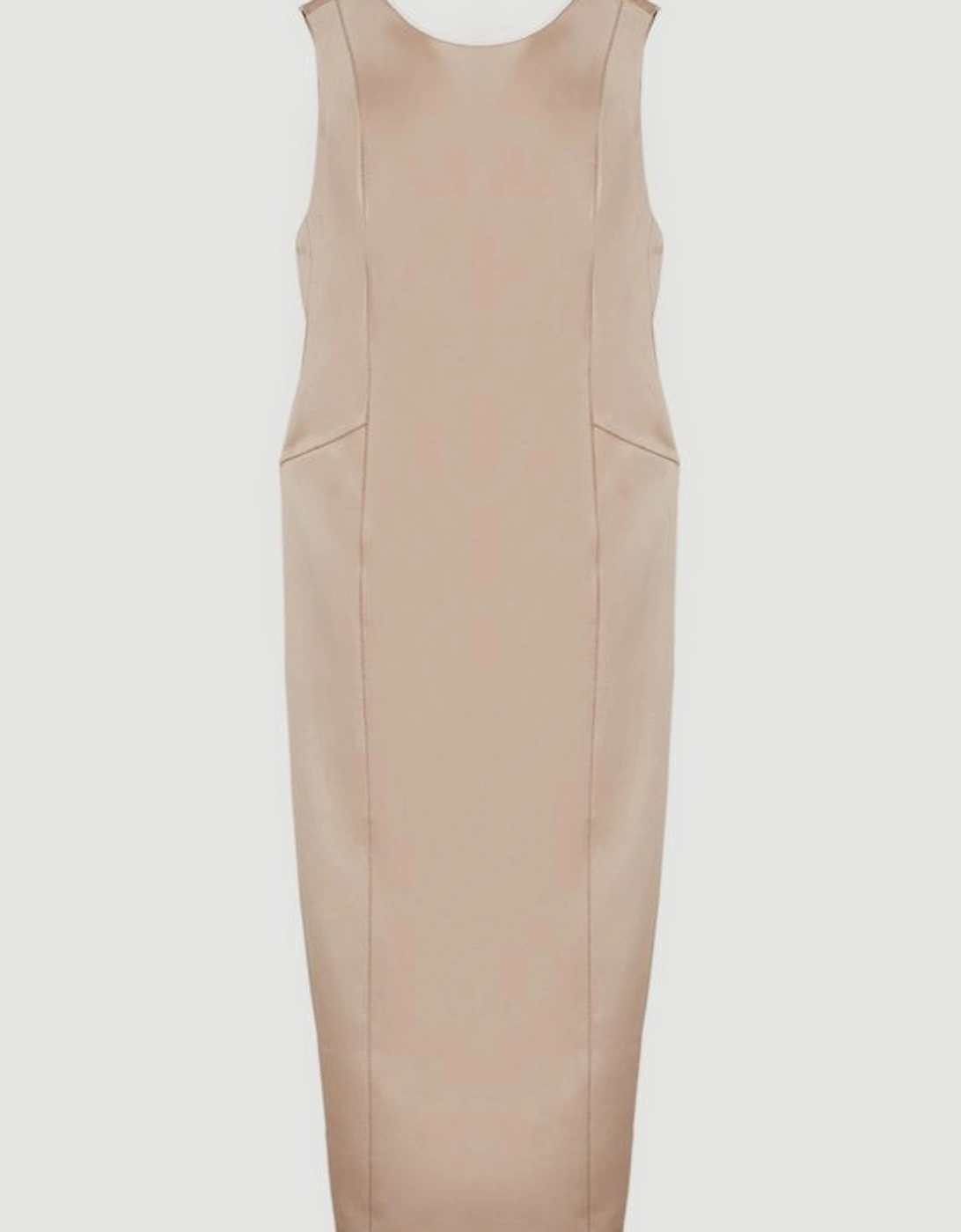 Structured Viscose Satin Stitch Detail Tailored Pencil Maxi Dress